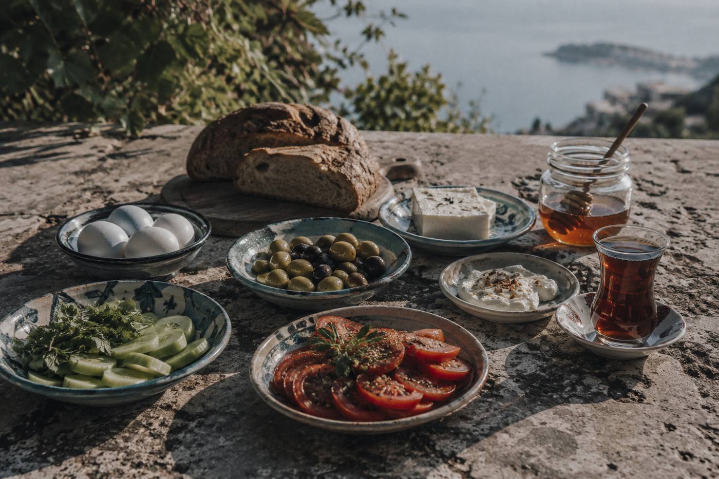 Deniz manzaralı taş terasta kahvaltı sofrası